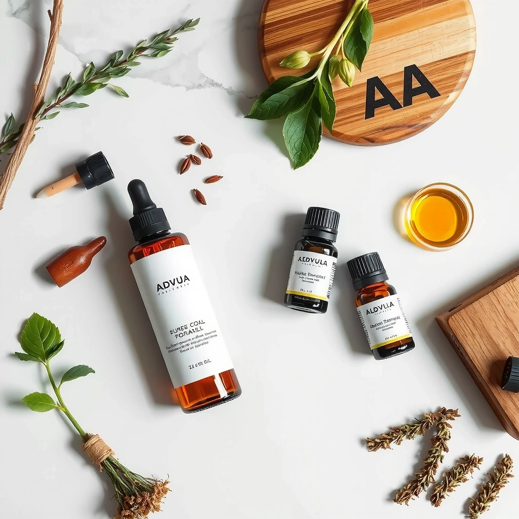 Natural wellness herbs and botanicals arranged aesthetically