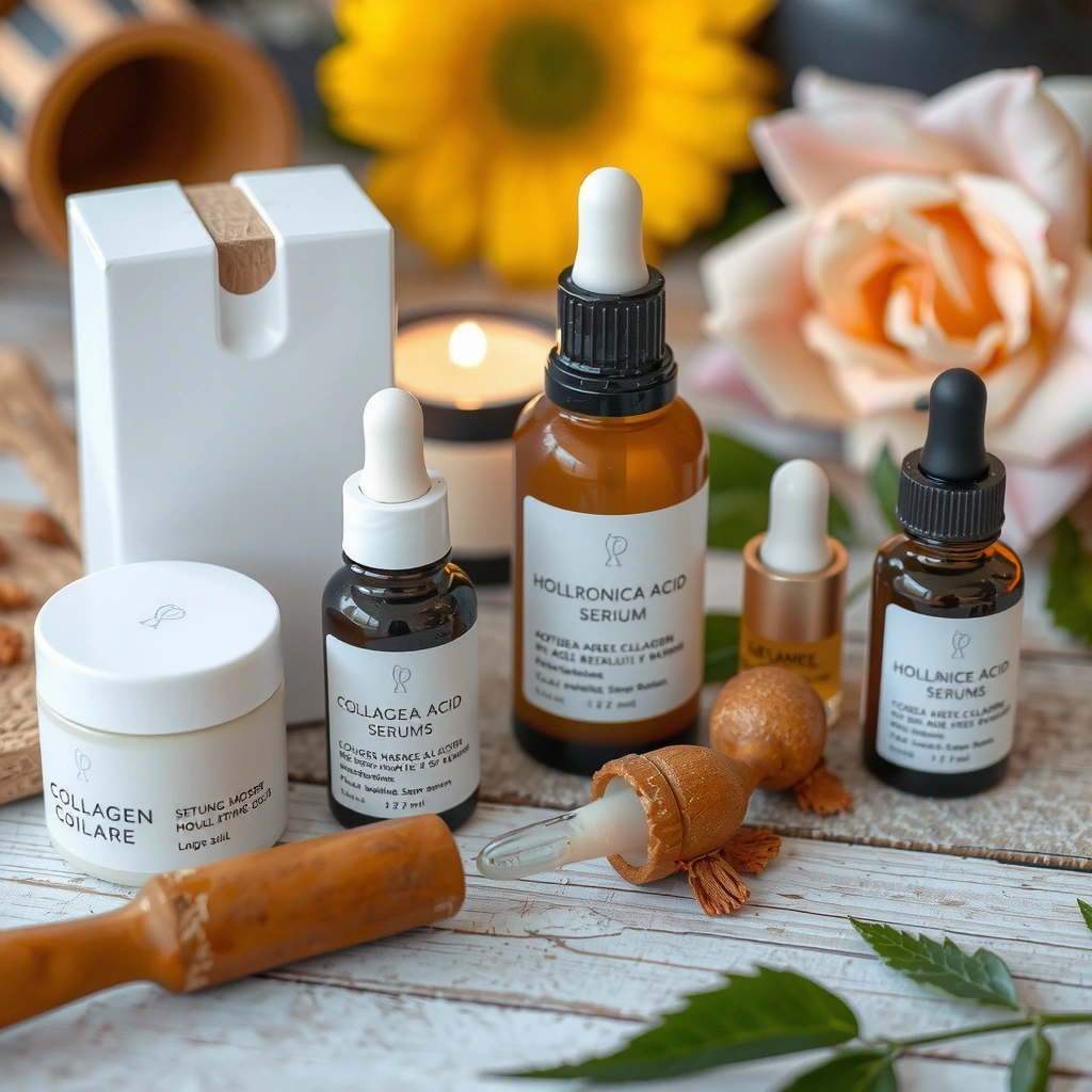 Collagen and hyaluronic acid skincare treatments in luxurious packaging