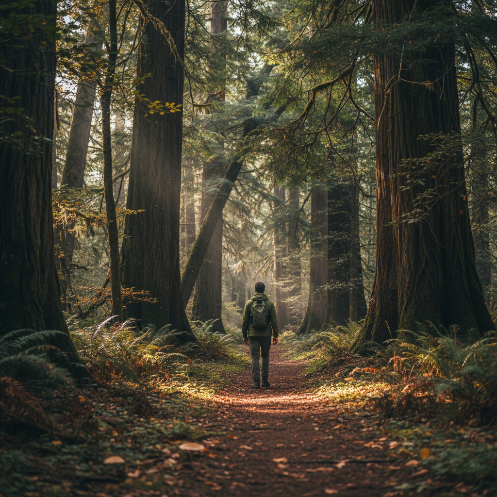 Person som promenerar i en skog längs en stig omgiven av höga träd