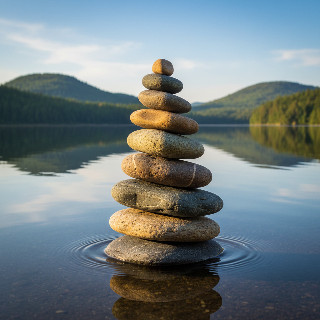 Stenar staplade i balans nära ett stilla vatten som symboliserar jämvikt och harmoni