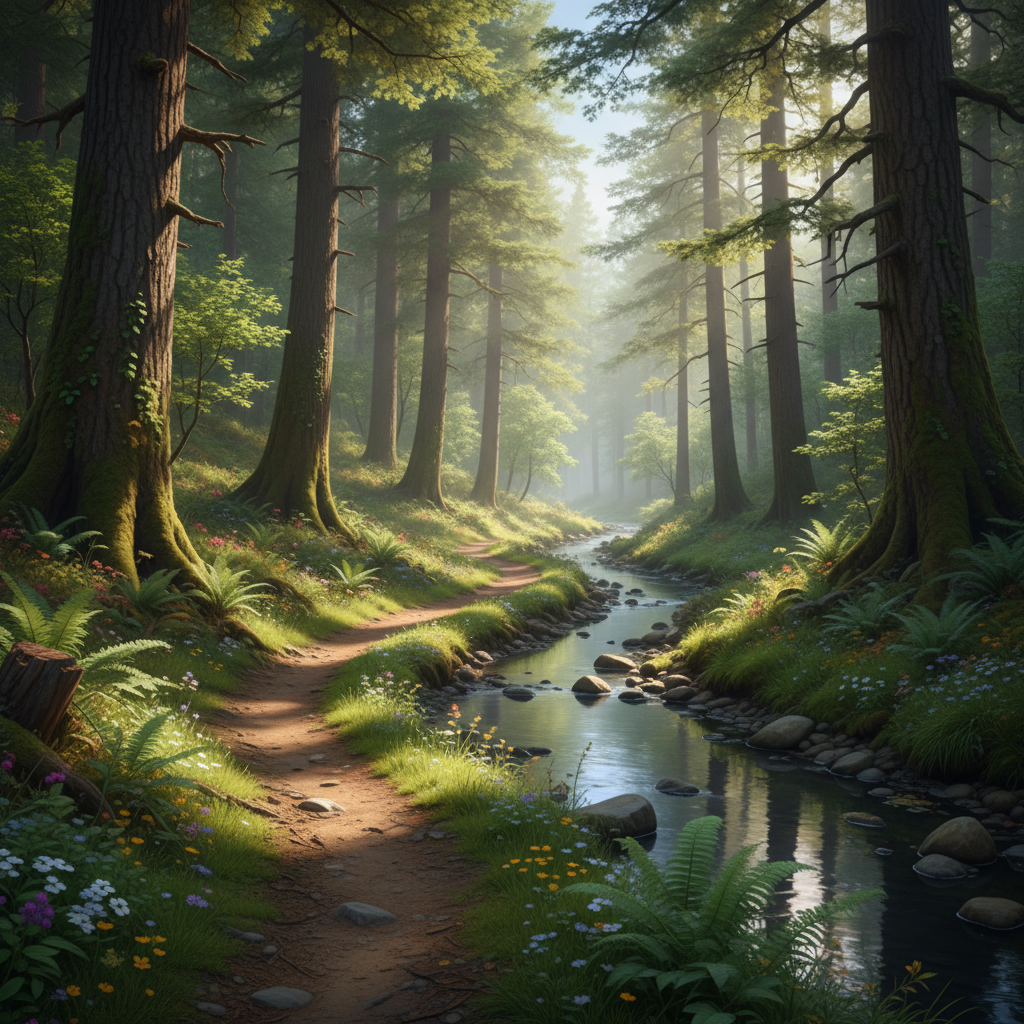 Lugnt landskap med en stig genom skog som symboliserar harmoni och inre balans
