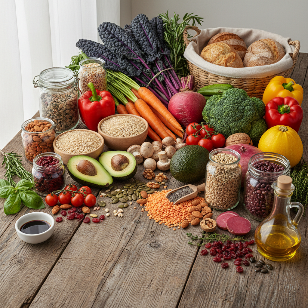 Färgglada grönsaker och naturliga livsmedel på ett träbord som illustrerar näringens mångfald