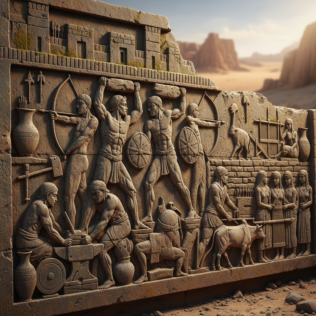 Stenrelief eller arkeologiskt motiv som symboliserar historisk fysisk kultur och mänsklig aktivitet