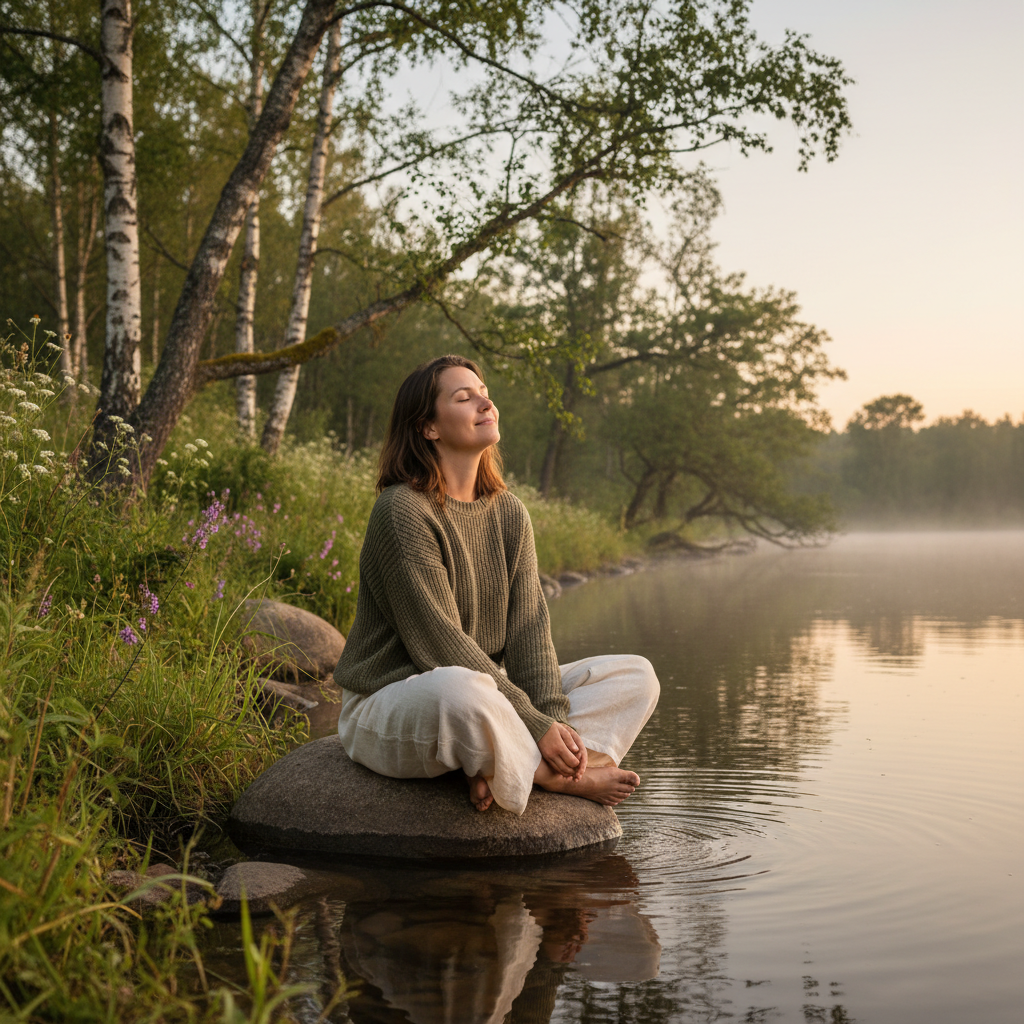 Person i avslappnad ställning nära vatten omgiven av lugn natur och mjukt ljus